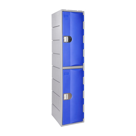 Two tier plastic locker with blue doors and grey carcass