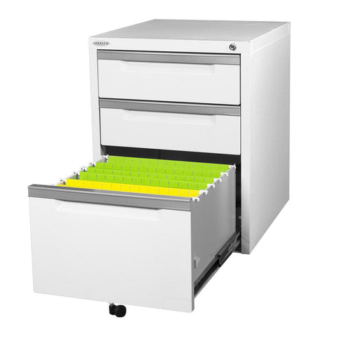 Mobile pedestal with bottom drawer open